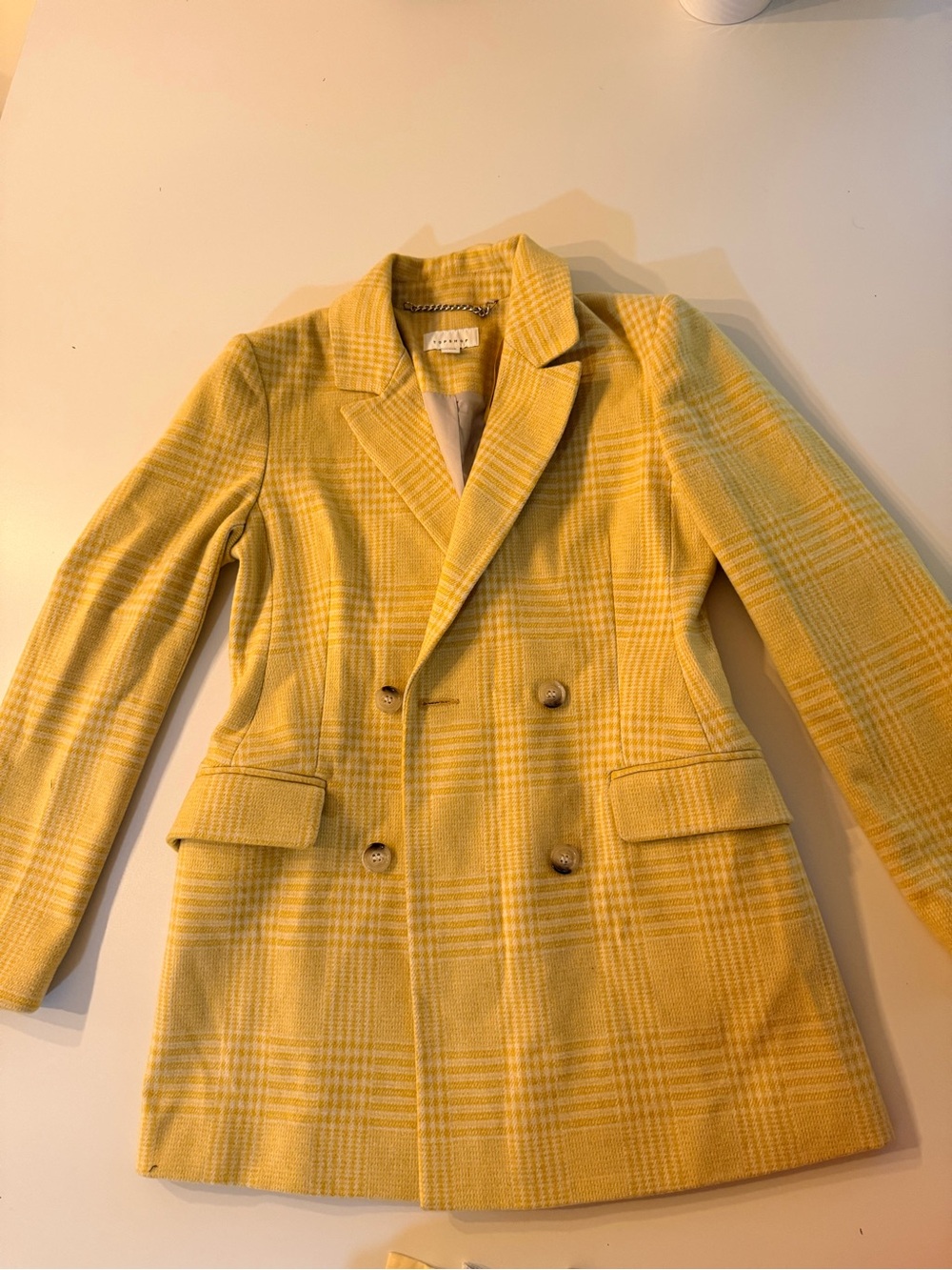 Topshop Yellow Plaid Double-Breasted Blazer Coat